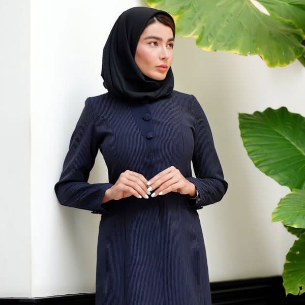 مانتو شلوار اداری باران دخت مدل یقه گرد بانتودوزی 4030 - تصویر 1