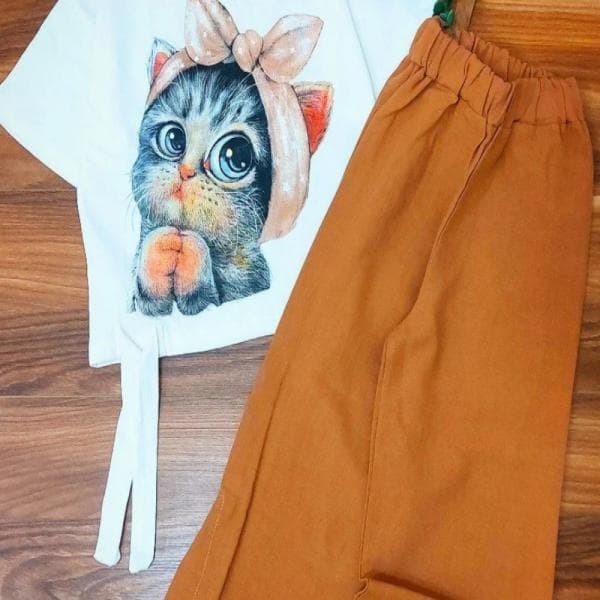 ست دخترانه کراپ و شلوار کنفی گربه