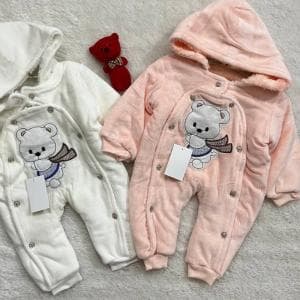 کاپشن سرهمی مخمل نوزادی مدل خرس دکمه ای