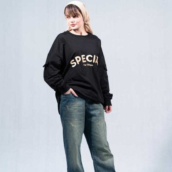 ست آستین بلند و شلوار اورسایز مشکی برند SPECIAL پارچه دورس دو نخ لاکرا در سایزبندی - تصویر 5