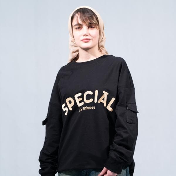 ست آستین بلند و شلوار اورسایز مشکی برند SPECIAL پارچه دورس دو نخ لاکرا در سایزبندی - تصویر 2