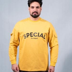 آستین بلند اورسایز زرد کرمی برند SPECIAL پارچه دورس دو نخ لاکرا در سایزبندی