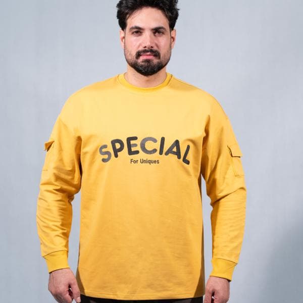 آستین بلند اورسایز زرد کرمی برند SPECIAL پارچه دورس دو نخ لاکرا در سایزبندی - تصویر 1