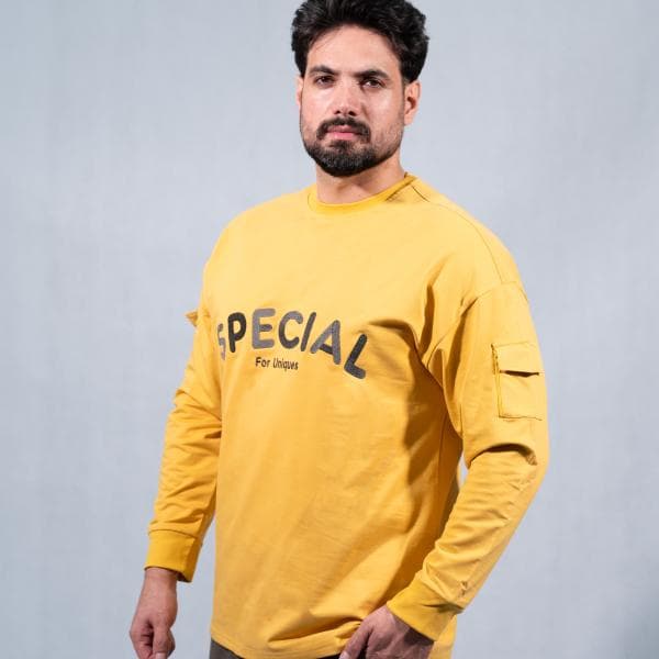 آستین بلند اورسایز زرد کرمی برند SPECIAL پارچه دورس دو نخ لاکرا در سایزبندی - تصویر 2