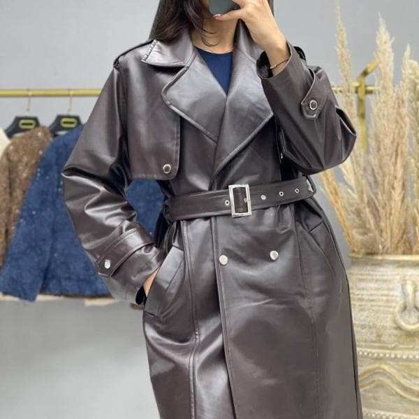 بارانی بلند چرم زنانه کد 0153 - تصویر 2