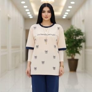 ست تیشرت و شلوار پاپیون نگین دار خ‌نگی زنانه و دخترانه
