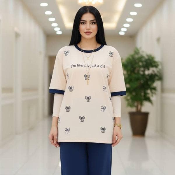 ست تیشرت و شلوار پاپیون نگین دار خ‌نگی زنانه و دخترانه - تصویر 1