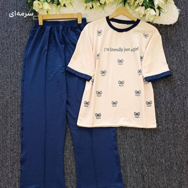 ست تیشرت و شلوار پاپیون نگین دار خ‌نگی زنانه و دخترانه - تصویر 3