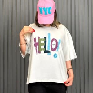 تیشرت زنانه باکسی ماکان طرح hello