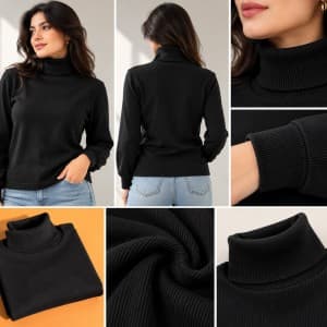بلوز زنانه یقه‌اسکی مشکی کبریتی آستین بلند