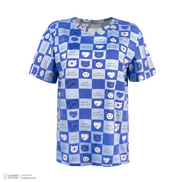 خرید اینترنتی تی شرت لانگ آستین کوتاه زنانه مدل خرس شطرنجی رنگ آبی