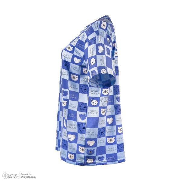 فروش اینترنتی تی شرت لانگ آستین کوتاه زنانه مدل خرس شطرنجی رنگ آبی