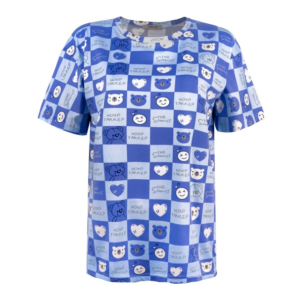 خرید آنلاین تی شرت لانگ آستین کوتاه زنانه مدل خرس شطرنجی رنگ آبی