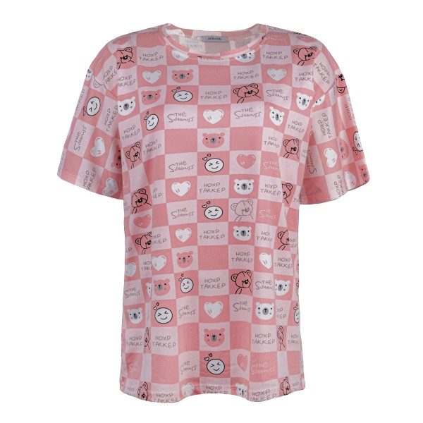 خرید اینترنتی تی شرت لانگ آستین کوتاه زنانه مدل خرس شطرنجی رنگ صورتی