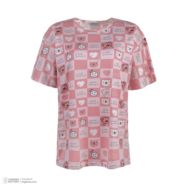 خرید آنلاین تی شرت لانگ آستین کوتاه زنانه مدل خرس شطرنجی رنگ صورتی