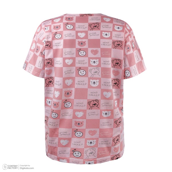 خرید اینترنتی تی شرت لانگ آستین کوتاه زنانه مدل خرس شطرنجی رنگ صورتی