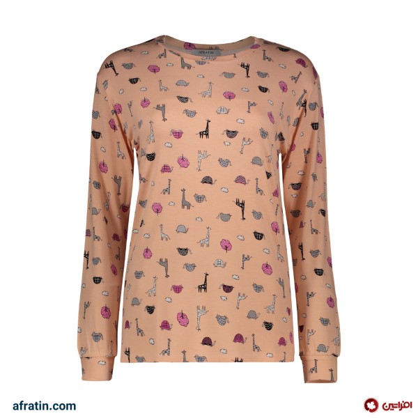 فروش اینترنتی تی شرت آستین بلند زنانه مدل زرافه و دایناسور رنگ صورتی کد7558