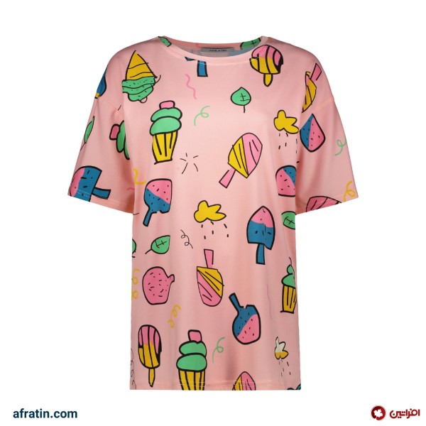 فروش اینترنتی تی شرت لانگ آستین کوتاه زنانه مدل بستنی رنگ صورتی کد 2611