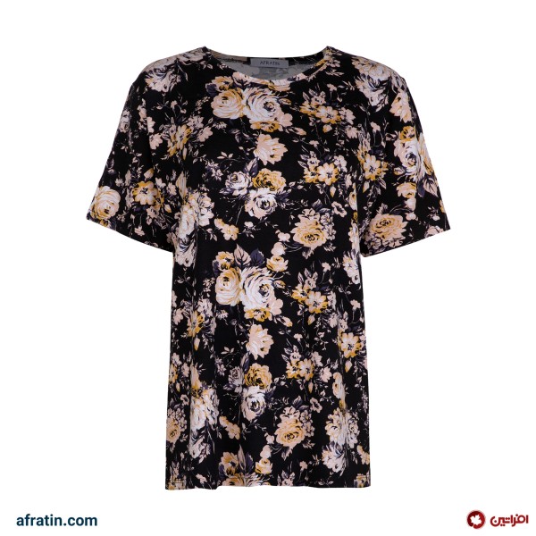 خرید اینترنتی تی شرت آستین کوتاه زنانه مدل گلدار کد 2609 رنگ مشکی