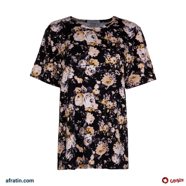 فروش اینترنتی تی شرت آستین کوتاه زنانه مدل گلدار کد 2609 رنگ مشکی