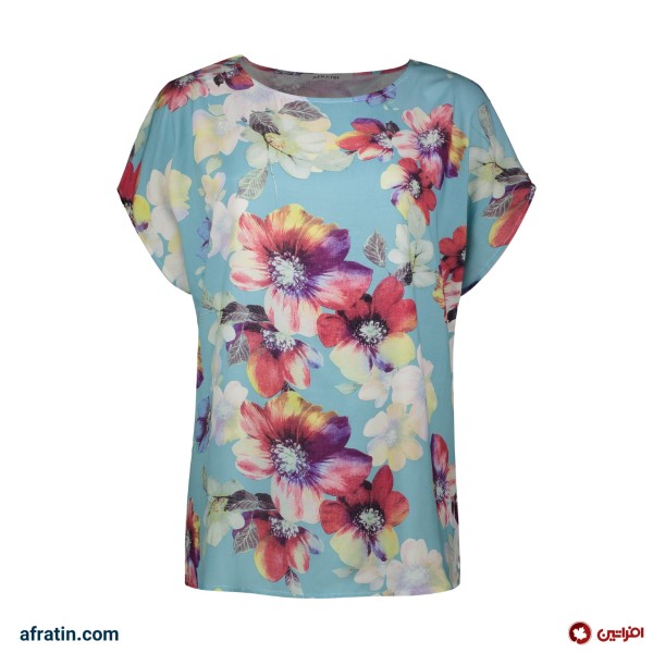 فروش اینترنتی تی شرت آستین کوتاه زنانه مدل گل کد 2593 رنگ آبی