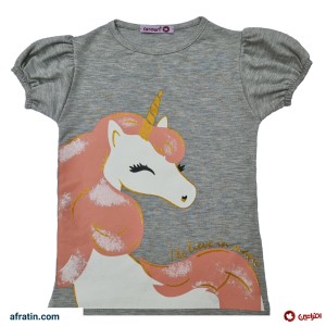 تی شرت دخترانه مدل اسب شاخ دار رنگ طوسی